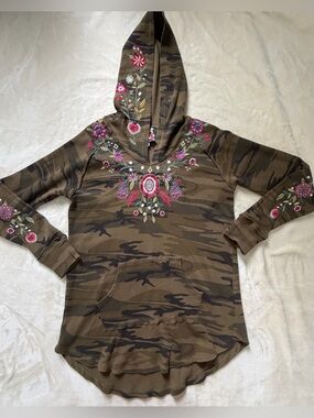 Johnny Was Olive Green Camo Hoodie with Pink Floral Embroidery